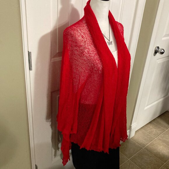 XCEPTION Red crochet open front cardigan ~ LARGE XL 1X 2X lettuce hem sweater - Picture 5 of 10